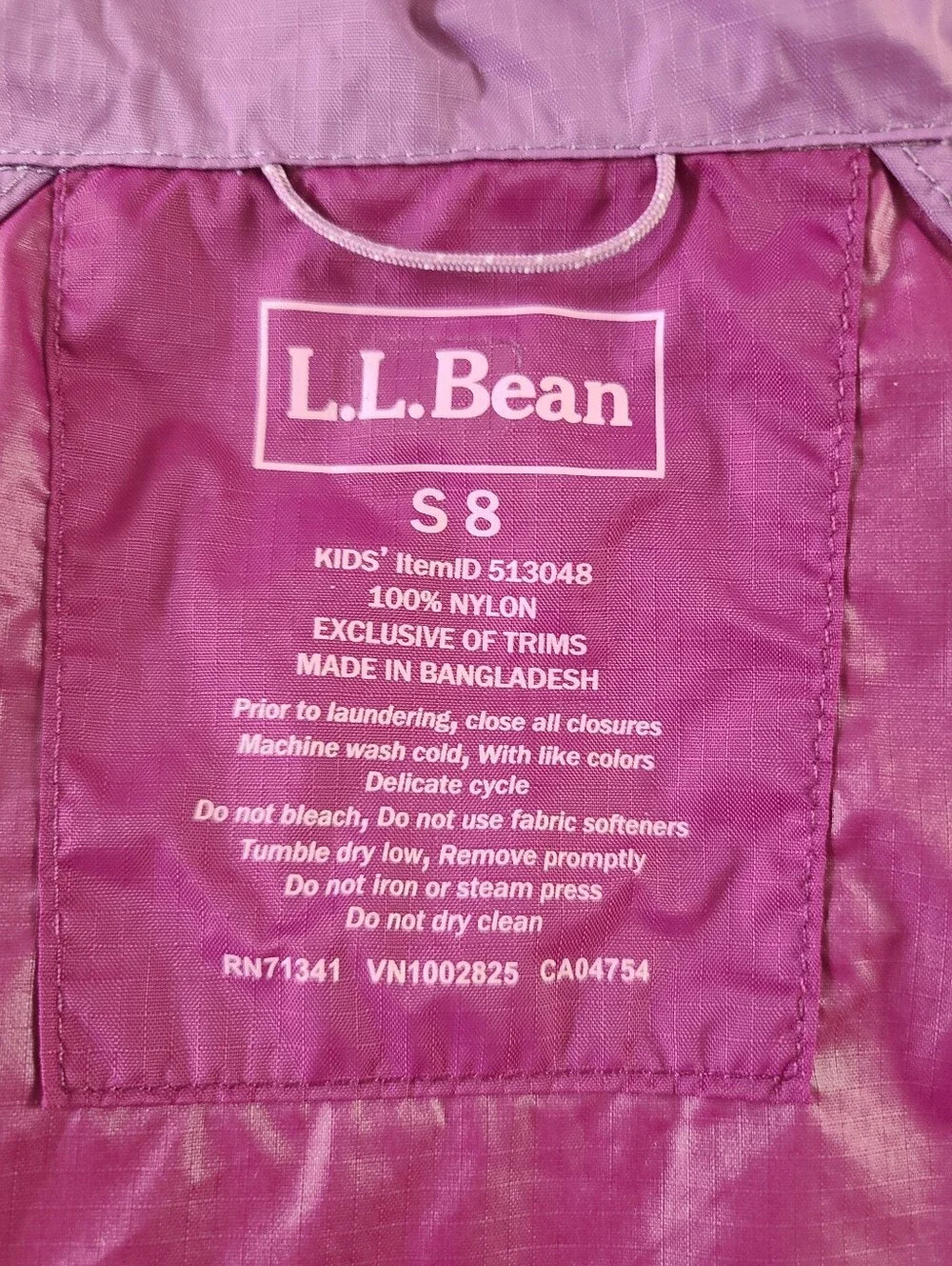 L.L. Bean Girls Wind and Rain Jacket Size Small 8 Purple Waterproof